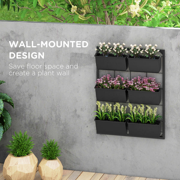 Outsunny 3-Tier Wall Planter with 6 Pots for Indoor and Outdoor Use, Hanging Plant Holder, Self Draining Wall Mounted Planter for Vegetables, Flowers, Herbs, Black