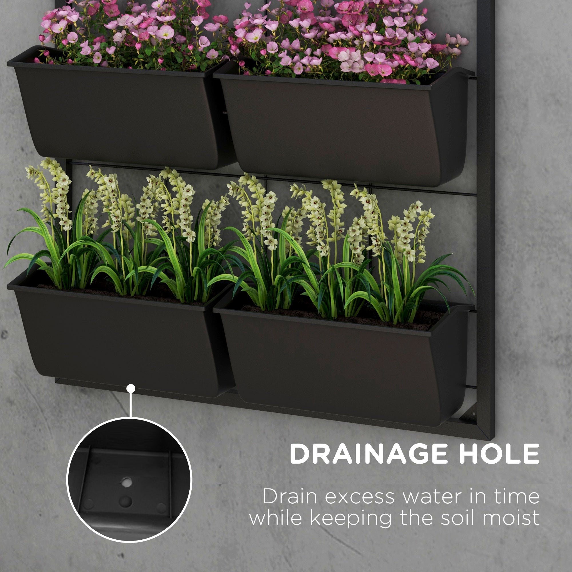 trough planter hanging Outsunny Wall Planter with 6 Pots, 3-Tier Design, Black, Ideal for Flowers and Vegetables, Enhances Garden Space