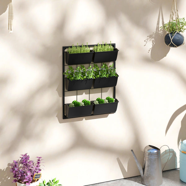 Outsunny 3-Tier Wall Planter with 6 Pots for Indoor and Outdoor Use, Hanging Plant Holder, Self Draining Wall Mounted Planter for Vegetables, Flowers, Herbs, Black