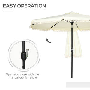 Outsunny 9ft Patio Umbrella with Push Button Tilt and Crank, Ruffled Outdoor Market Table Umbrella with Tassles and 8 Ribs, for Garden, Deck, Pool, Cream White