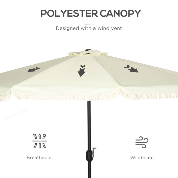 Outsunny 9ft Patio Umbrella with Push Button Tilt and Crank, Ruffled Outdoor Market Table Umbrella with Tassles and 8 Ribs, for Garden, Deck, Pool, Cream White