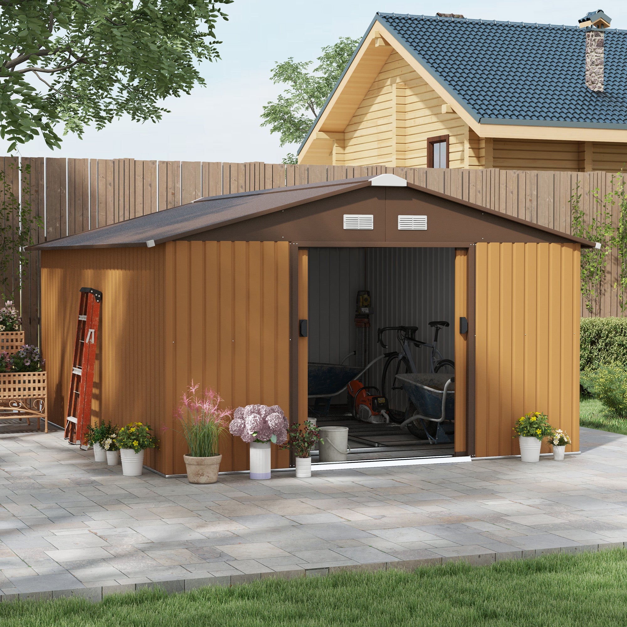 11' x 13' Garden Storage Shed with Foundation Kit, Metal Tool Storage House with Double Doors for Outdoor Patio Yard, Yellow