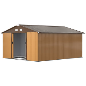 Outsunny 11' x 13' Outdoor Storage Shed, Garden Tool Metal Shed with Foundation Kit, Double Lockable Door, Air Vents and Sloping Roof, for Backyard, Patio, Lawn, Yellow