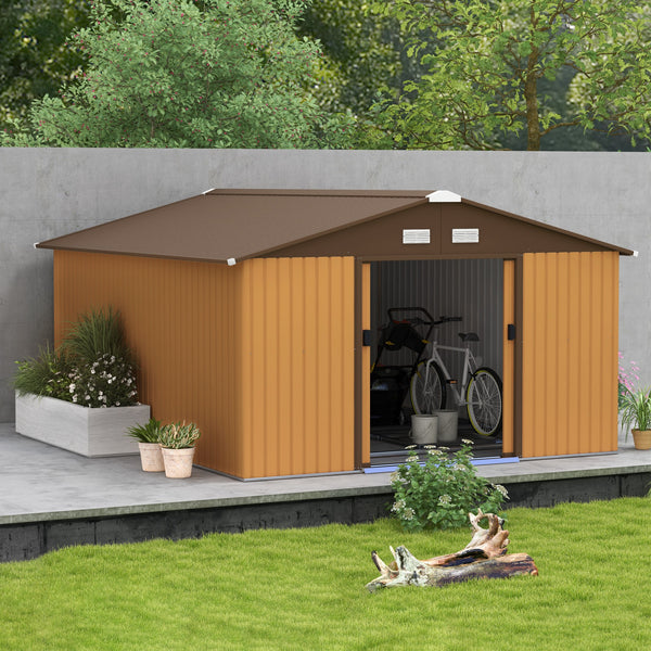 Outsunny 11' x 13' Outdoor Storage Shed, Garden Tool Metal Shed with Foundation Kit, Double Lockable Door, Air Vents and Sloping Roof, for Backyard, Patio, Lawn, Yellow