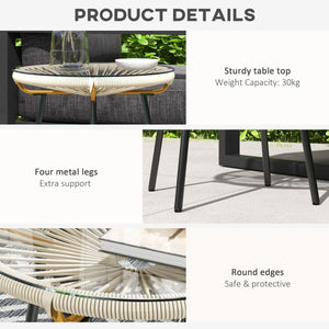 Rattan Side Table, Outdoor Round Coffee Table, with Round PE Rattan and Tempered Glass Tabletop for Patio, Garden, Balcony, Cream White