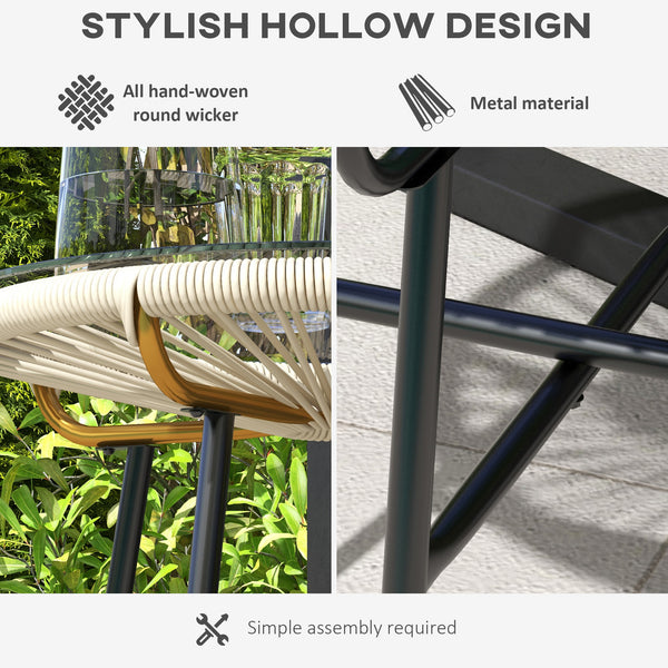 Rattan Side Table, Outdoor Round Coffee Table, with Round PE Rattan and Tempered Glass Tabletop for Patio, Garden, Balcony, Cream White