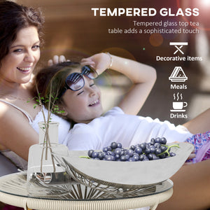 Rattan Side Table, Outdoor Round Coffee Table, with Round PE Rattan and Tempered Glass Tabletop for Patio, Garden, Balcony, Cream White