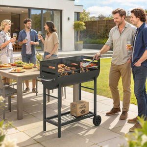 Charcoal Barbecue Grill with 2 Cooking Areas, Portable BBQ Trolley with Wheels, Height Adjustable Grates, Side Handle, Bottom Shelf, Metal Outdoor Cooker for Garden Camping, Picnic, Party