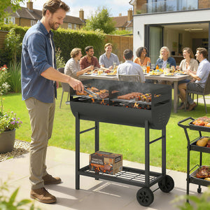 Charcoal Barbecue Grill with 2 Cooking Areas, Portable BBQ Trolley with Wheels, Height Adjustable Grates, Side Handle, Bottom Shelf, Metal Outdoor Cooker for Garden Camping, Picnic, Party