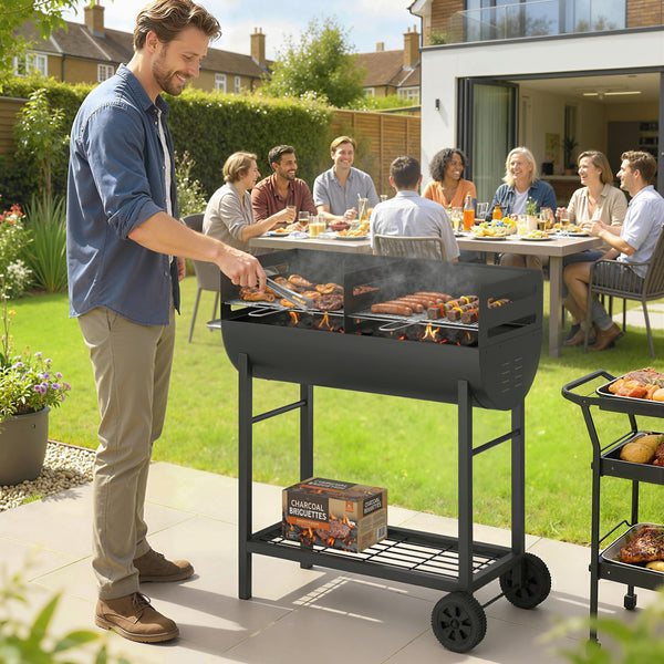 Charcoal Barbecue Grill with 2 Cooking Areas, Portable BBQ Trolley with Wheels, Height Adjustable Grates, Side Handle, Bottom Shelf, Metal Outdoor Cooker for Garden Camping, Picnic, Party