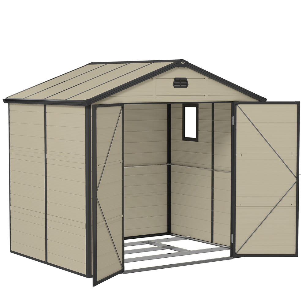 8 x 6ft Plastic Garden Storage Shed with Foundation Kit, Polypropylene Outdoor Storage Tool House with Ventilation Slots and Lockable Door, Cream White