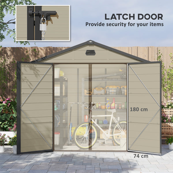 8 x 6ft Plastic Garden Storage Shed with Foundation Kit, Polypropylene Outdoor Storage Tool House with Ventilation Slots and Lockable Door, Cream White