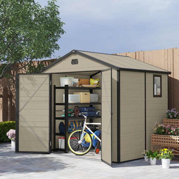 8 x 6ft Plastic Garden Storage Shed with Foundation Kit, Polypropylene Outdoor Storage Tool House with Ventilation Slots and Lockable Door, Cream White