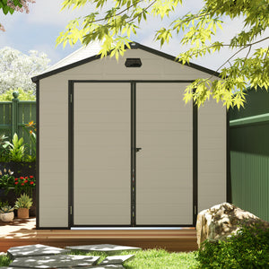 8 x 6ft Plastic Garden Storage Shed with Foundation Kit, Polypropylene Outdoor Storage Tool House with Ventilation Slots and Lockable Door, Cream White