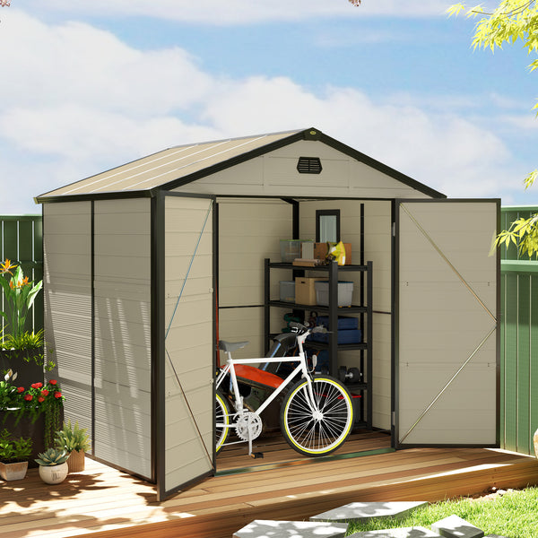 8 x 6ft Plastic Garden Storage Shed with Foundation Kit, Polypropylene Outdoor Storage Tool House with Ventilation Slots and Lockable Door, Cream White