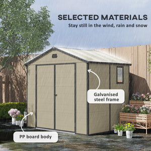 8 x 6ft Plastic Garden Storage Shed with Foundation Kit, Polypropylene Outdoor Storage Tool House with Ventilation Slots and Lockable Door, Cream White