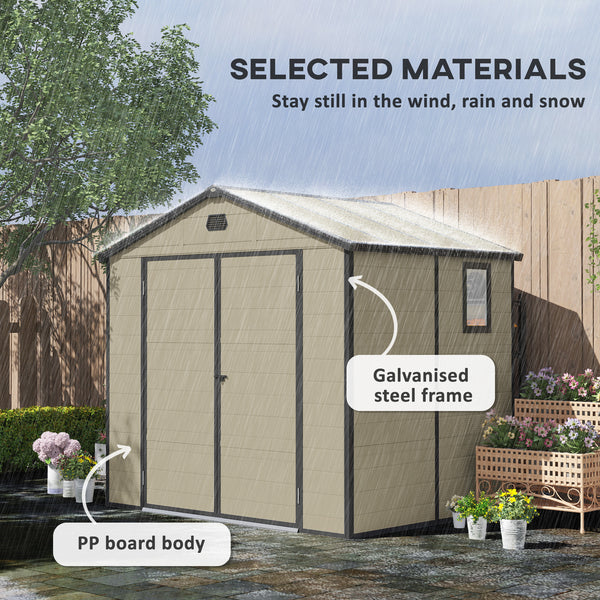 8 x 6ft Plastic Garden Storage Shed with Foundation Kit, Polypropylene Outdoor Storage Tool House with Ventilation Slots and Lockable Door, Cream White