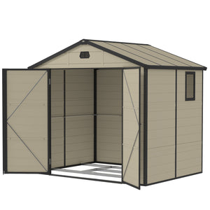 8 x 6ft Plastic Garden Storage Shed with Foundation Kit, Polypropylene Outdoor Storage Tool House with Ventilation Slots and Lockable Door, Cream White