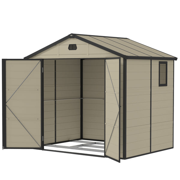8 x 6ft Plastic Garden Storage Shed with Foundation Kit, Polypropylene Outdoor Storage Tool House with Ventilation Slots and Lockable Door, Cream White
