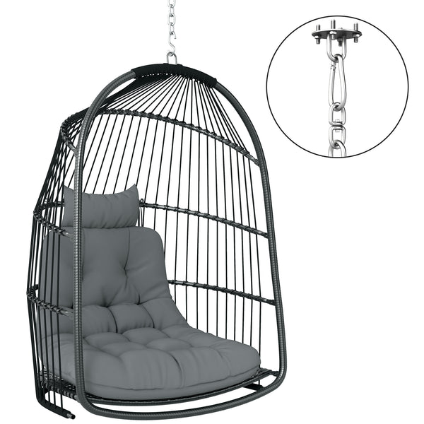 Hanging Egg Chair, Foldable Rattan Garden Swing Chair with Installation Kit, Thickened Cushion and Headrest, Hanging Egg Basket Seat for Patio, Porch, Dark Grey