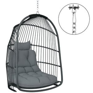 Hanging Egg Chair, Foldable Rattan Garden Swing Chair with Installation Kit, Thickened Cushion and Headrest, Hanging Egg Basket Seat for Patio, Porch, Dark Grey
