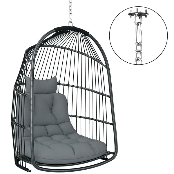 Hanging Egg Chair, Foldable Rattan Garden Swing Chair with Installation Kit, Thickened Cushion and Headrest, Hanging Egg Basket Seat for Patio, Porch, Dark Grey