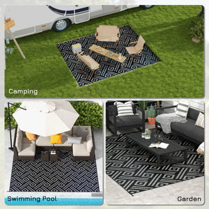 Outsunny Reversible Outdoor Rug, 9' x 12' Waterproof Plastic Straw Floor Mat, Portable RV Camping Carpet, Large Floor Mat for Backyard, Deck, Picnic, Beach, Black & Gray Geometric