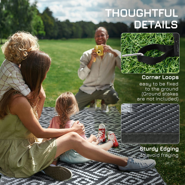 Outsunny Reversible Outdoor Rug, 9' x 12' Waterproof Plastic Straw Floor Mat, Portable RV Camping Carpet, Large Floor Mat for Backyard, Deck, Picnic, Beach, Black & Gray Geometric