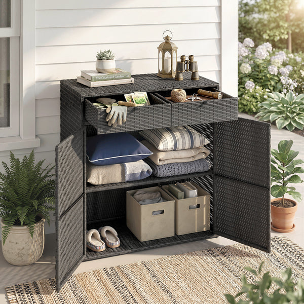 Wicker Outdoor Storage Cabinet, Double Door Patio Storage Cabinet with 2 Drawers and 2-Tier Shelves, PE Rattan Towel Rack Outdoor for Pool Garden Yard, Dark Grey