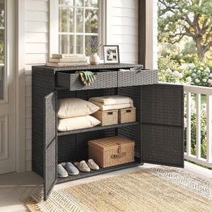 Wicker Outdoor Storage Cabinet, Double Door Patio Storage Cabinet with 2 Drawers and 2-Tier Shelves, PE Rattan Towel Rack Outdoor for Pool Garden Yard, Dark Grey