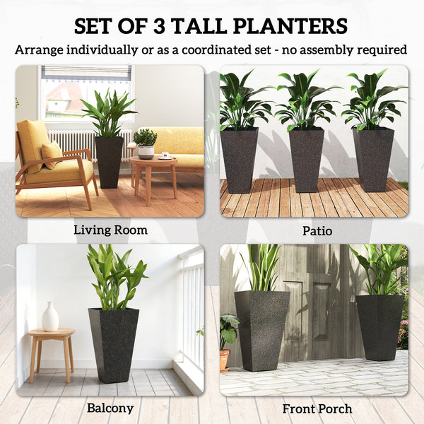 28 Inch Tall Planters for Outdoor Plants, Set of 3 Plastic Flower Pots with Marble Finish and Drainage Holes, Stackable Tapered Large Planters for Indoor Plants, Front Porch Decor, Brown