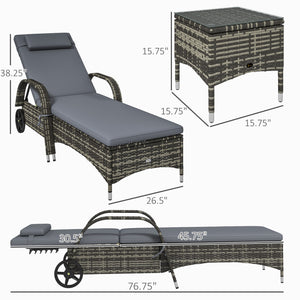 Outsunny 3-Piece Wicker Outdoor Lounge Chairs Set with Side Table, PE Rattan Patio Lounge Chair Set with 5-Level Adjustable Backrest, Wheels, Cushion & Headrest, Chaise Lounge Chair Set, Gray