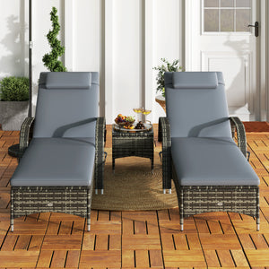 Outsunny 3-Piece Wicker Outdoor Lounge Chairs Set with Side Table, PE Rattan Patio Lounge Chair Set with 5-Level Adjustable Backrest, Wheels, Cushion & Headrest, Chaise Lounge Chair Set, Gray