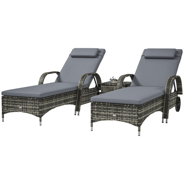 Outsunny 3-Piece Wicker Outdoor Lounge Chairs Set with Side Table, PE Rattan Patio Lounge Chair Set with 5-Level Adjustable Backrest, Wheels, Cushion & Headrest, Chaise Lounge Chair Set, Gray