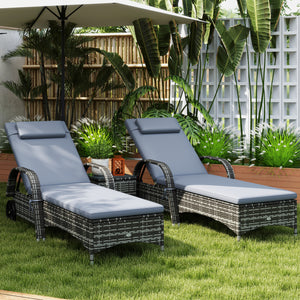 Outsunny 3-Piece Wicker Outdoor Lounge Chairs Set with Side Table, PE Rattan Patio Lounge Chair Set with 5-Level Adjustable Backrest, Wheels, Cushion & Headrest, Chaise Lounge Chair Set, Gray