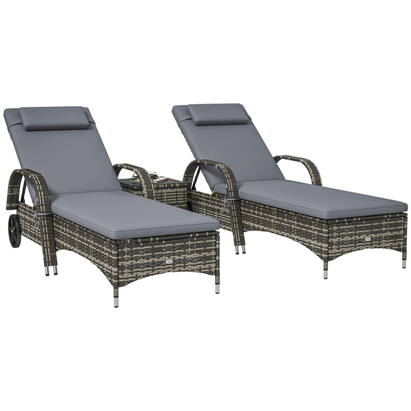 Outsunny 3-Piece Wicker Outdoor Lounge Chairs Set with Side Table, PE Rattan Patio Lounge Chair Set with 5-Level Adjustable Backrest, Wheels, Cushion & Headrest, Chaise Lounge Chair Set, Gray