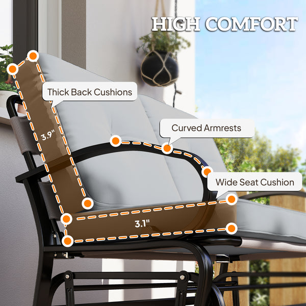 Outdoor Glider Bench, 2-Person Patio Rocker Loveseat with Tufted Cushions, Steel Frame for Porch, Garden Backyard, Gray