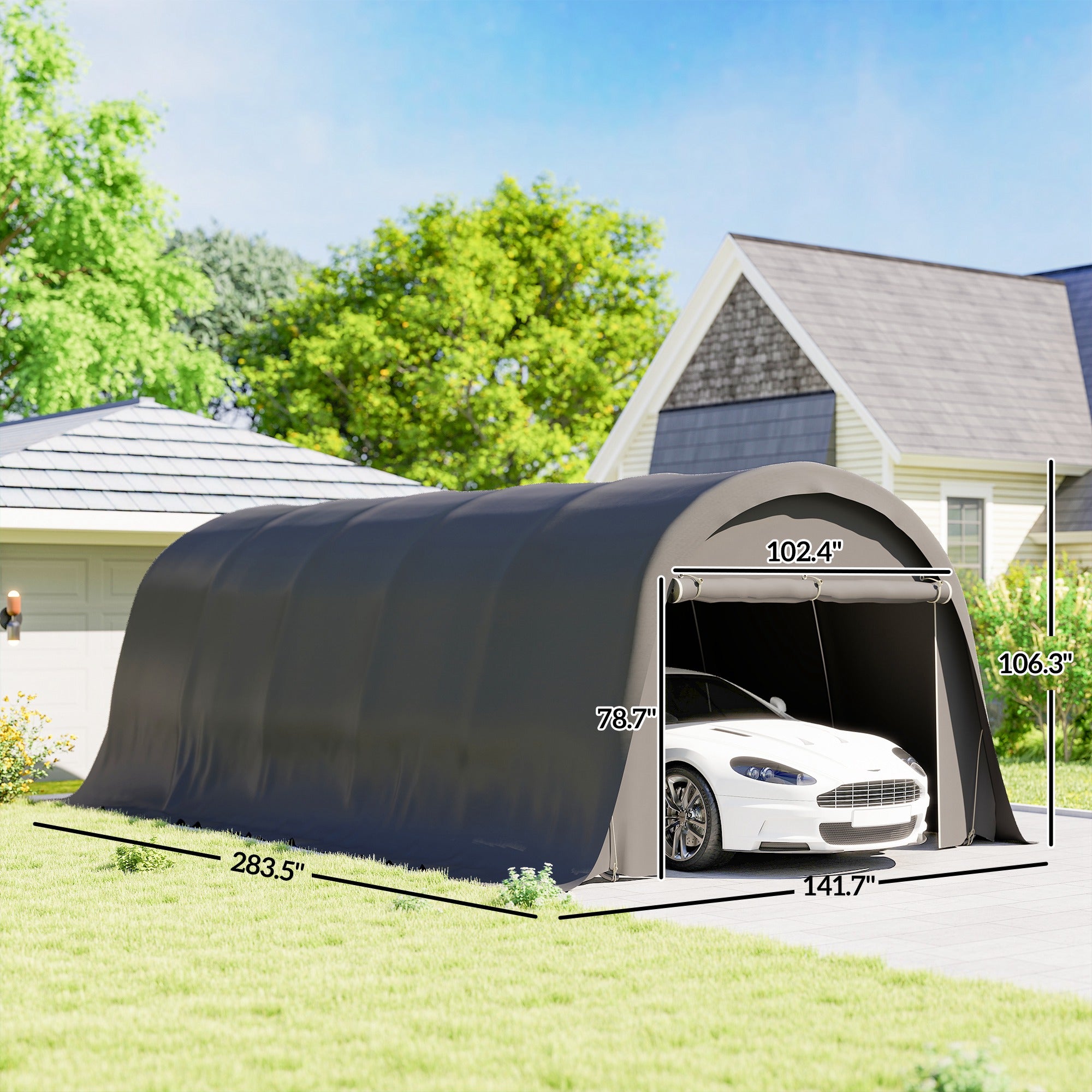 pop up garage tent Outsunny 12' x 23.6' Heavy Duty Carport, UPF50+ Portable Garage Car Canopy Tent with Galvanized Frame, Large Door, Dark Gray