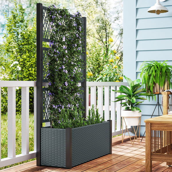 Wicker Outdoor Planter with Trellis, 58" Standing Raised Garden Bed with Liner, Drainage Holes, Privacy Screen Planter Box for Climbing Plants, Flowers, Dark Grey
