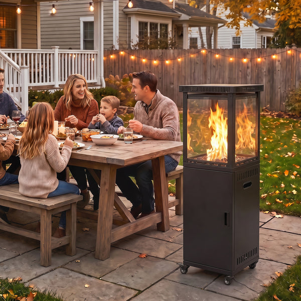 Gas Patio Heater, 13 kW Portable Propane Outdoor Heater with Stepless Heat Control, Piezo Ignition, Tip-over Protection, 4 Wheels, Lava Rocks, Black