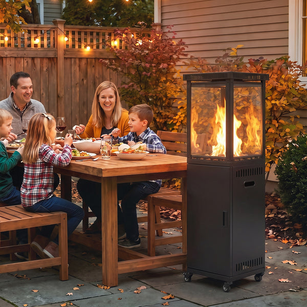 Gas Patio Heater, 13 kW Portable Propane Outdoor Heater with Stepless Heat Control, Piezo Ignition, Tip-over Protection, 4 Wheels, Lava Rocks, Black