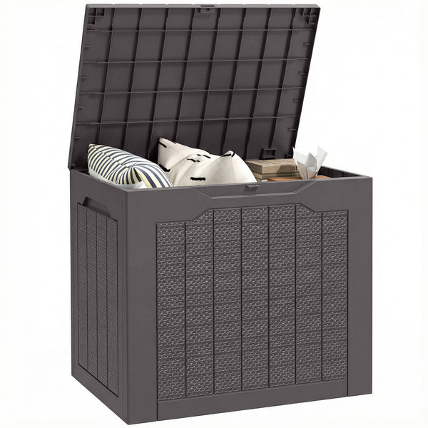 93L Plastic Garden Storage Box, Outdoor Storage Box with Handles, Waterproof Outdoor Storage Container for Garden Tools and Accessories, Brown