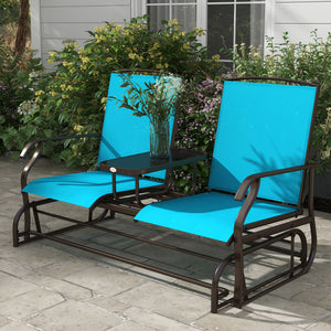 Outsunny Outdoor Glider Bench with Center Table, Metal Frame Patio Loveseat with Breathable Mesh Fabric and Armrests for Backyard Garden Porch, Blue