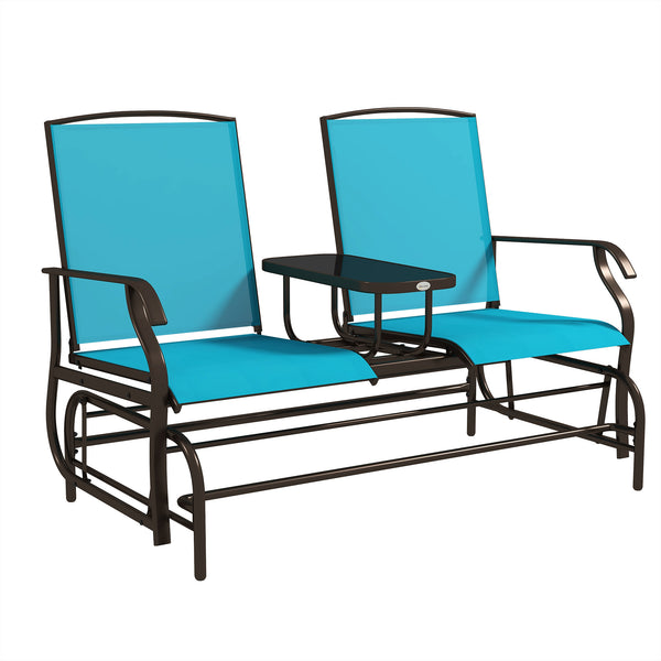 Outsunny Outdoor Glider Bench with Center Table, Metal Frame Patio Loveseat with Breathable Mesh Fabric and Armrests for Backyard Garden Porch, Blue