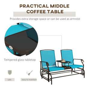 Outsunny Outdoor Glider Bench with Center Table, Metal Frame Patio Loveseat with Breathable Mesh Fabric and Armrests for Backyard Garden Porch, Blue