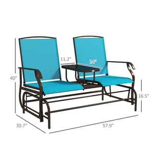 Outsunny Outdoor Glider Bench with Center Table, Metal Frame Patio Loveseat with Breathable Mesh Fabric and Armrests for Backyard Garden Porch, Blue