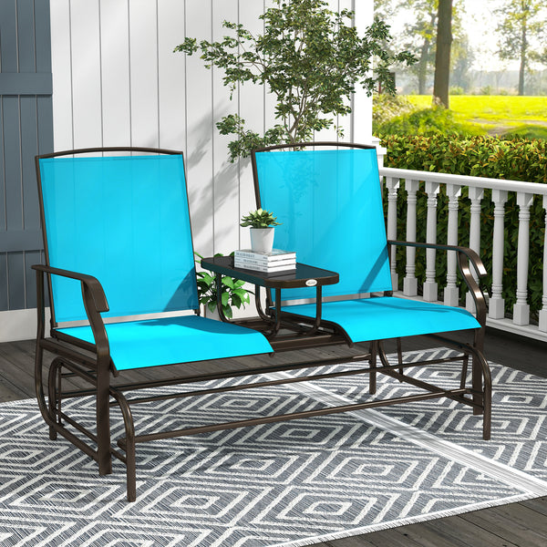 Outsunny Outdoor Glider Bench with Center Table, Metal Frame Patio Loveseat with Breathable Mesh Fabric and Armrests for Backyard Garden Porch, Blue