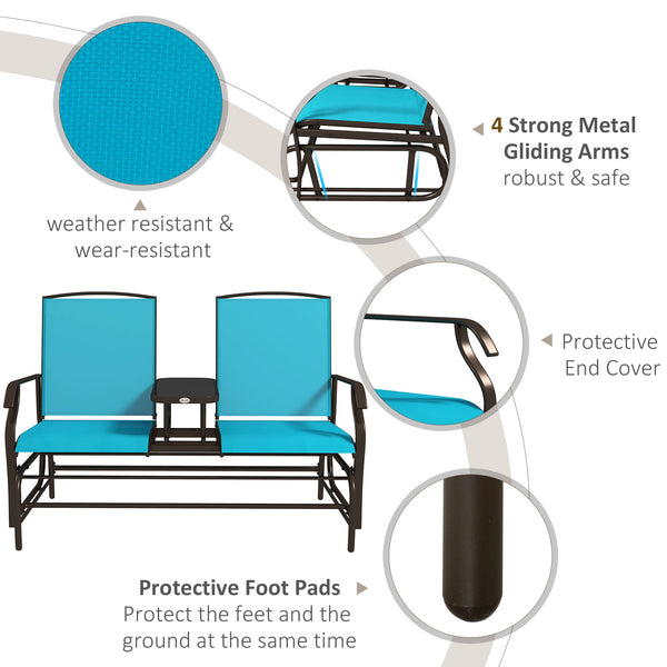 Outsunny Outdoor Glider Bench with Center Table, Metal Frame Patio Loveseat with Breathable Mesh Fabric and Armrests for Backyard Garden Porch, Blue