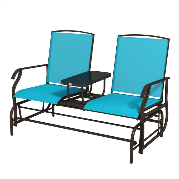 Outsunny Outdoor Glider Bench with Center Table, Metal Frame Patio Loveseat with Breathable Mesh Fabric and Armrests for Backyard Garden Porch, Blue