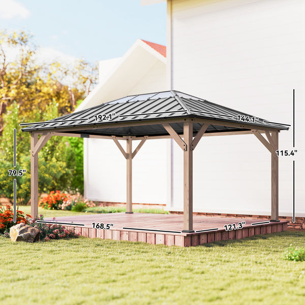 12' x 16' Hardtop Gazebo with Galvanized Steel Roof, Wood Permanent Pavilion Canopy Shelter with Clear Roof Top, UPF50+ Protection, Ceiling Hooks for Lawn, Backyard, Deck, Light Walnut